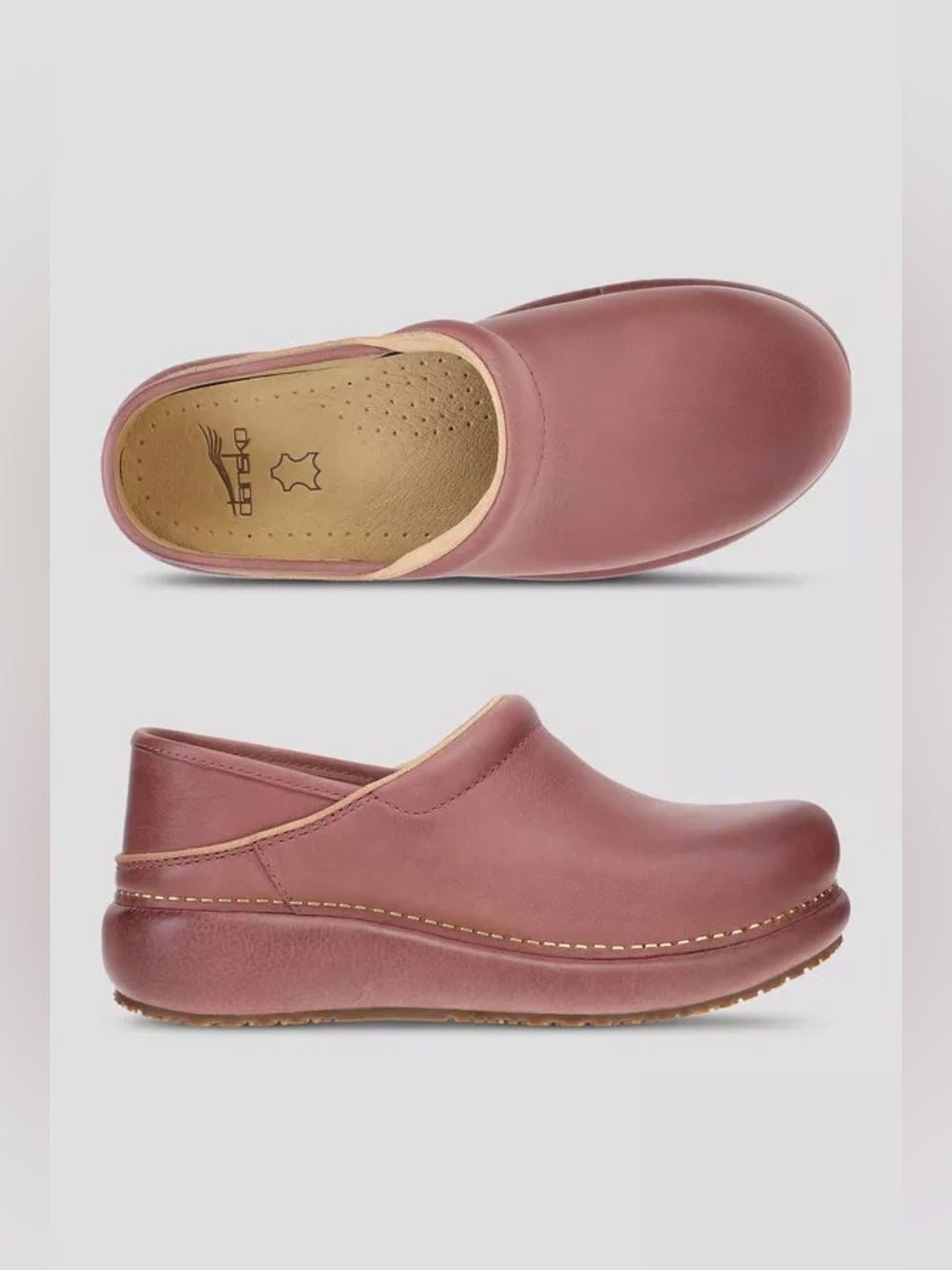Dansko Leather Clogs in Dusty Rose with Tan Trim